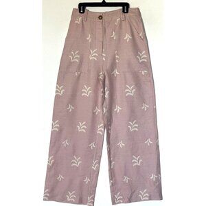 New Zara Pink Linen Blend Floral Embroidered High Rise Wide Leg Boho Pants